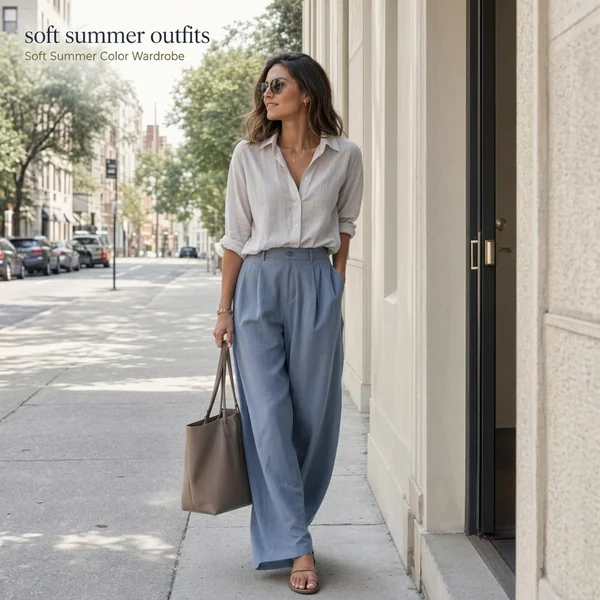 Dusty Blue Wide-Leg Trousers & Linen Shirt
