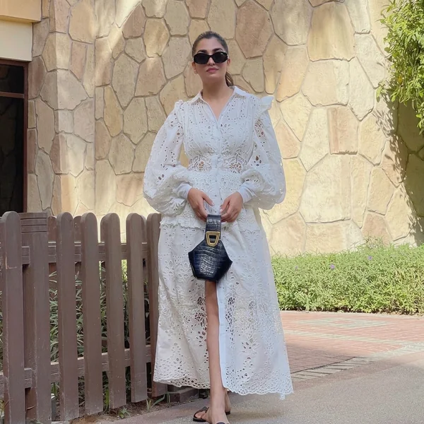 White Eyelet Lace Shirt Maxi Dress