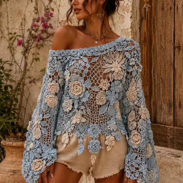 Sky Blue 3D Floral Off-Shoulder Crochet Top