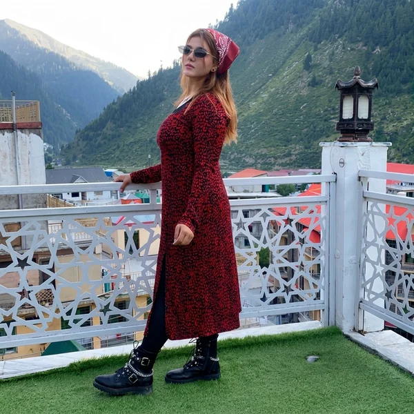 Crimson Printed Maxi Dress with Bandana