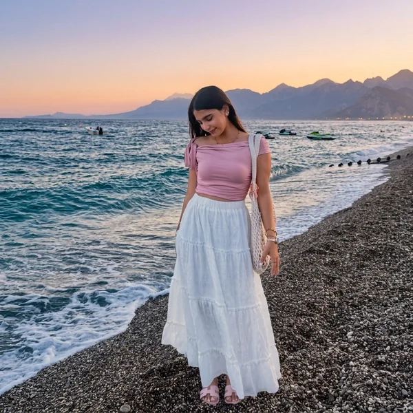 Pink Crop Top & Tiered White Maxi Skirt