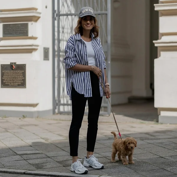 Striped Button-Down & Black Leggings