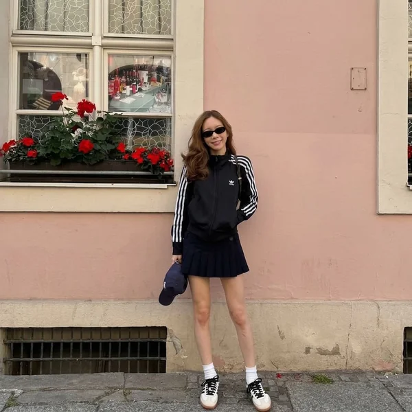 Track Jacket and Pleated Skirt with Sambas
