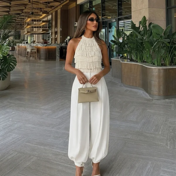 Pearl Halter & Wide-Leg Trousers