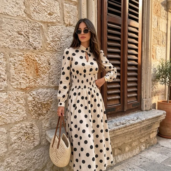 Polka Dot High-Neck Midi Dress