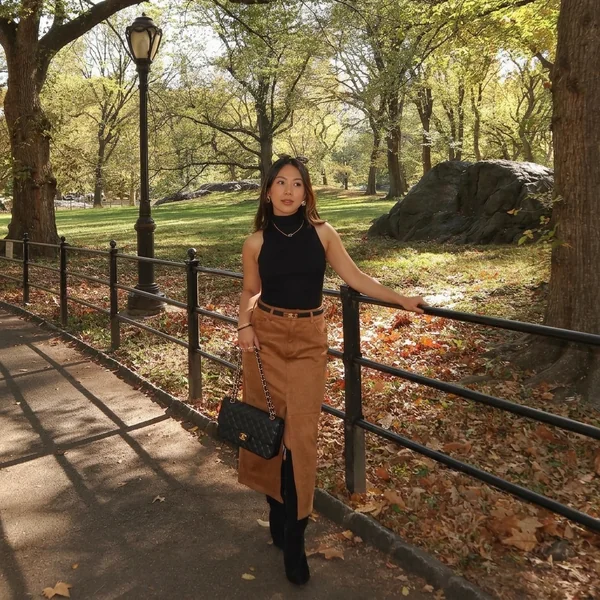 Black Mock-Neck Knit with Caramel Suede Midi Skirt