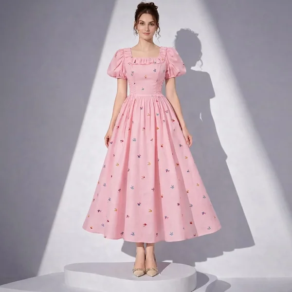 Pink Floral Puff-Sleeve Midi