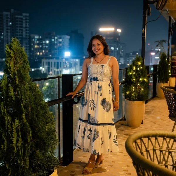 Blue-Printed White Tiered Midi Dress