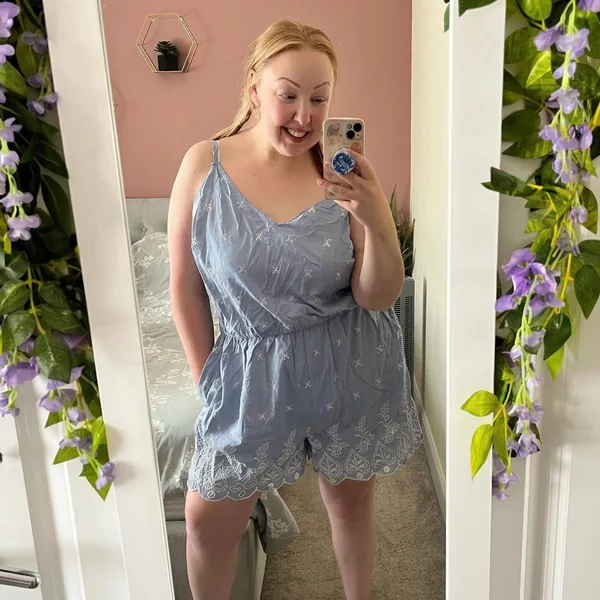 Sky Blue Embroidered Scalloped Romper