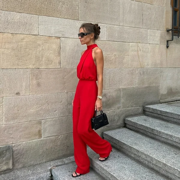 Bold Red High-Neck Jumpsuit