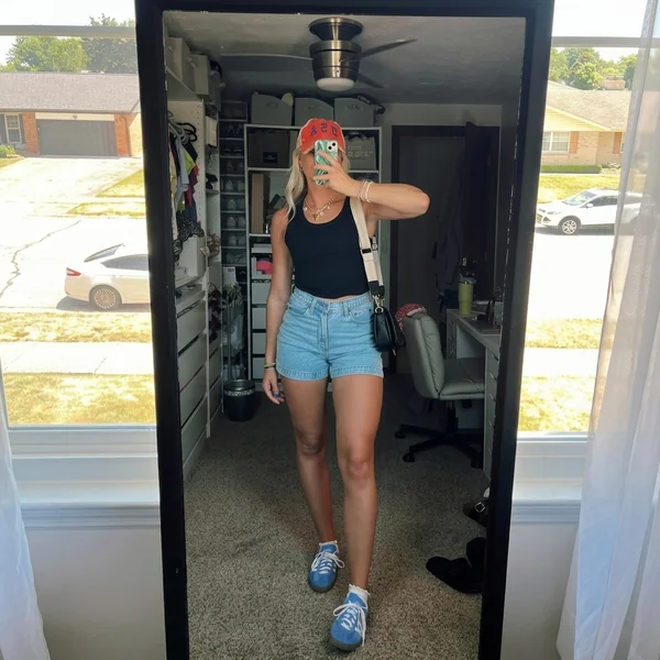 Black Tank Top and Light-Wash Denim Shorts