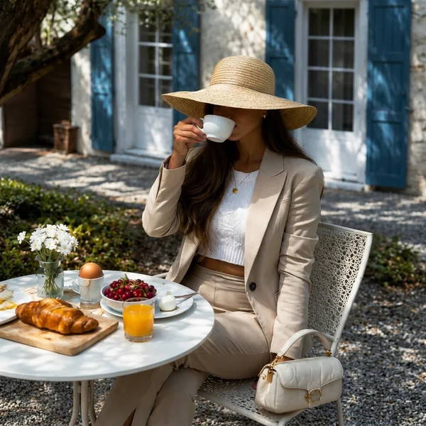 Beige Tailored Linen Suit and Knit Top