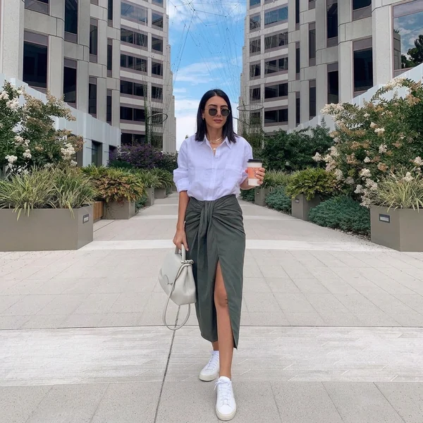 White Button-Down and Olive Knot Front Skirt