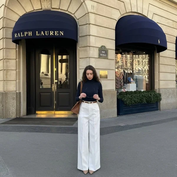 Fitted Navy Turtleneck and White Wide-Leg Trousers