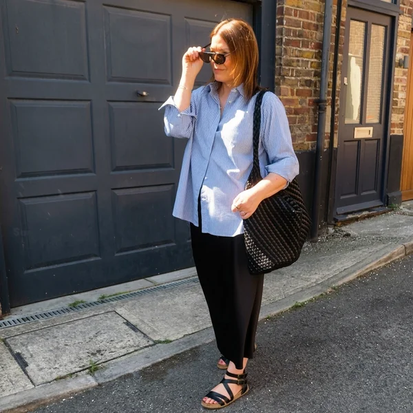 Oversized Striped Shirt & Black Maxi Skirt