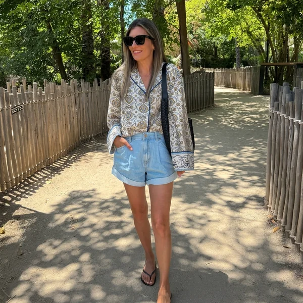 Printed Long-Sleeve Blouse with High-Waisted Denim Shorts