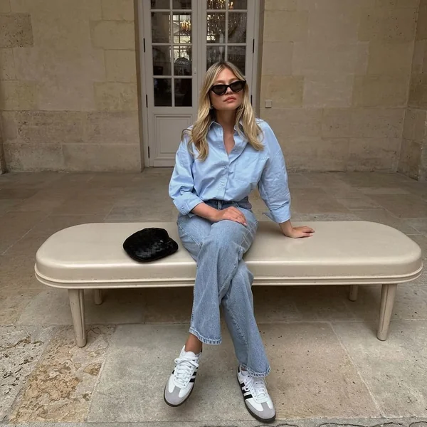 Light Blue Button-Up and Straight Jeans with Sambas