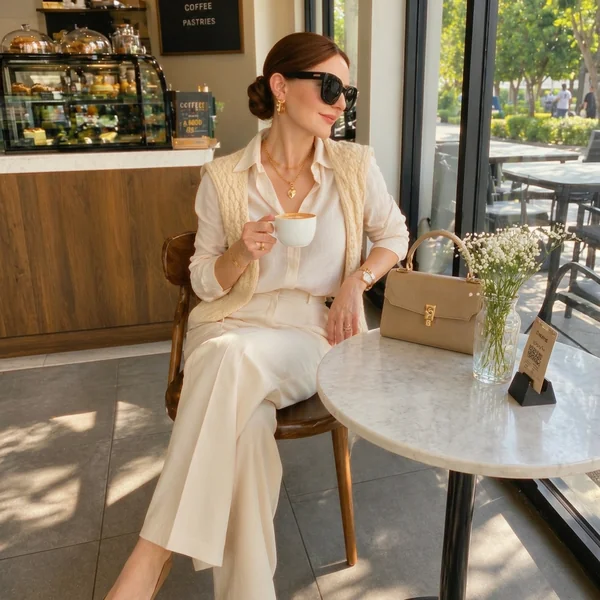 Cream Linen Pantsuit & Cable Knit