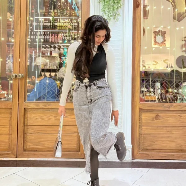 Layered Black Vest with Grey Acid-Wash Denim Midi
