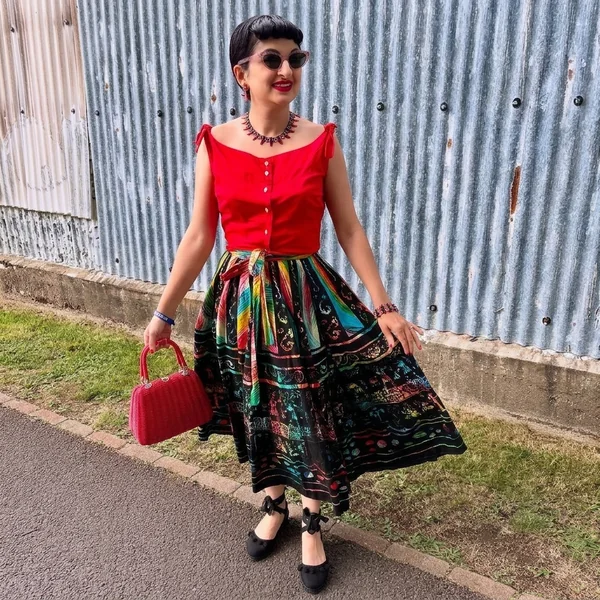 Red Shoulder-Tie Blouse with Novelty Print Midi Skirt