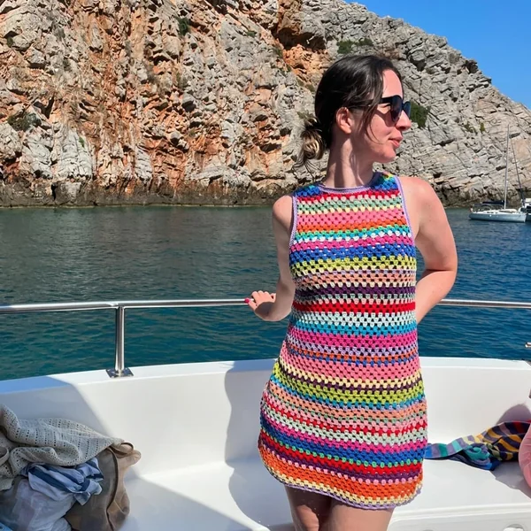 Bright Striped Granny Stitch Sleeveless Crochet Mini Dress