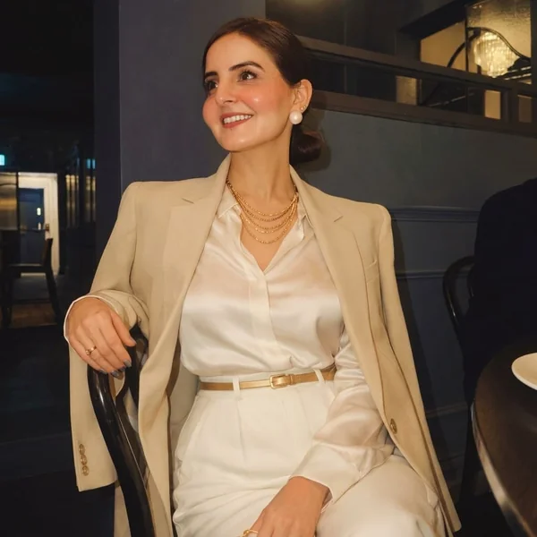 Tailored Beige Blazer and Silk Button-Down Look
