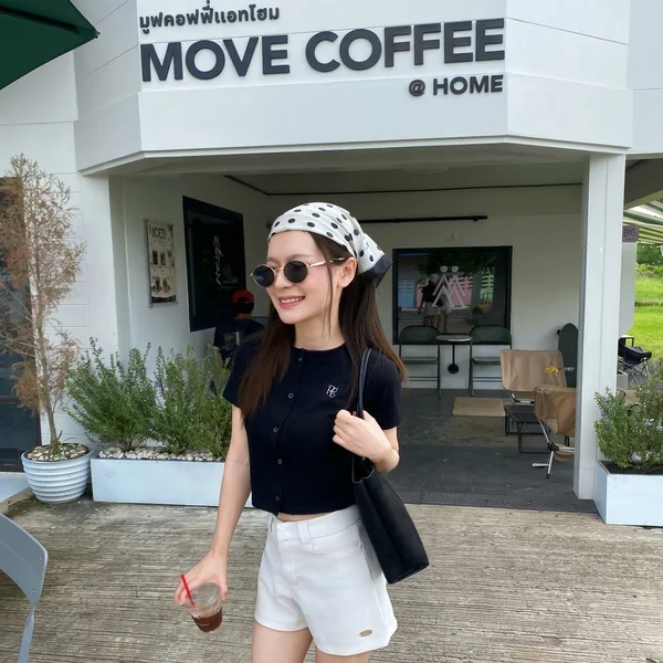 Polka-Dot Bandana with Cropped Cardigan and Shorts