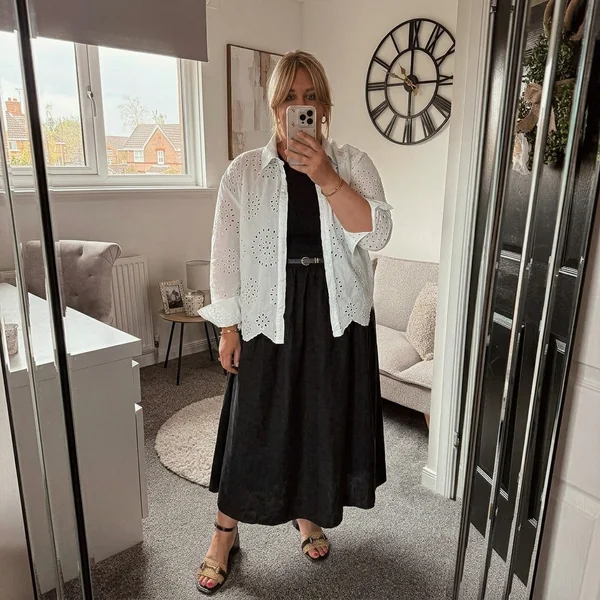 Black Midi Dress with White Eyelet Shirt