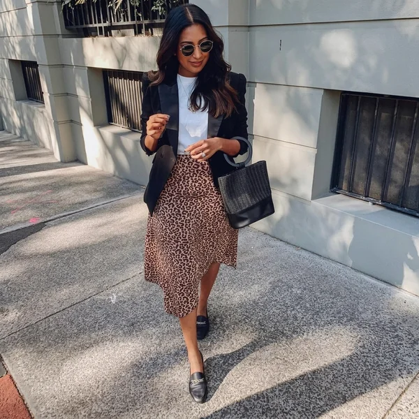 Black Tailored Blazer with Leopard Print Midi Skirt