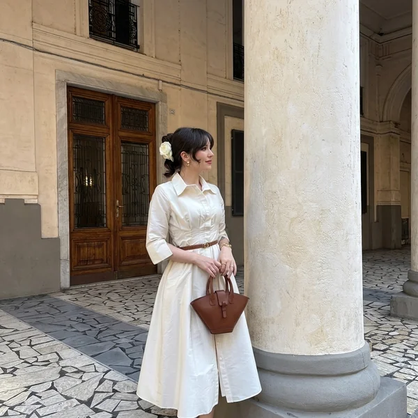 Belted Ivory Midi Shirt Dress