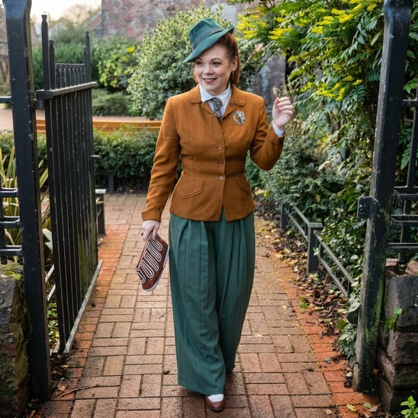 Rust Fitted Jacket with Green Wide-Leg Trousers
