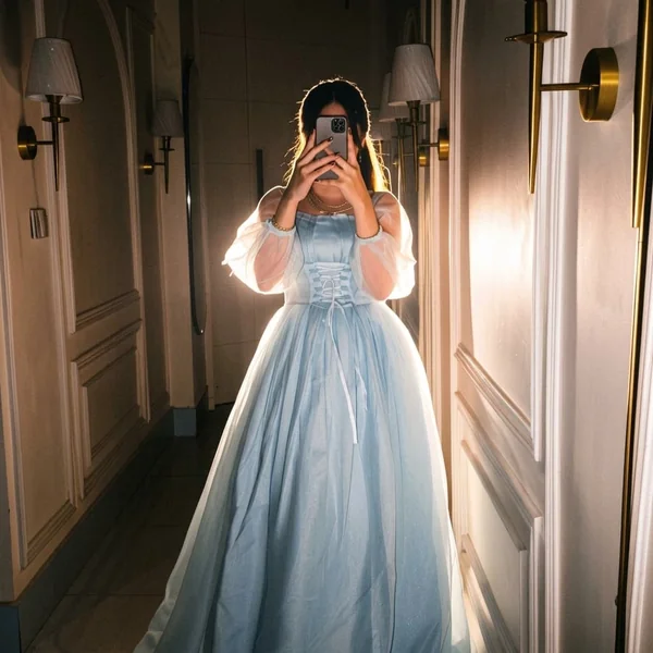 Ice Blue Sheer-Sleeve Corset Gown