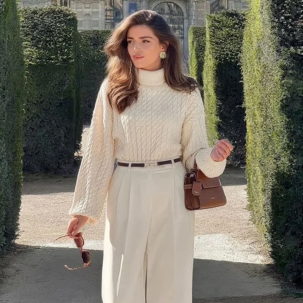 Textured Turtleneck Sweater and Cream Wide-Leg Trousers