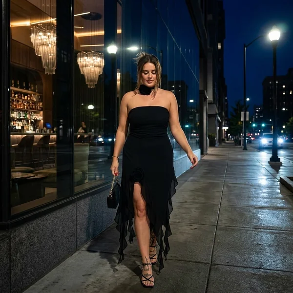 Strapless Rosette Midi Dress with Asymmetrical Hem