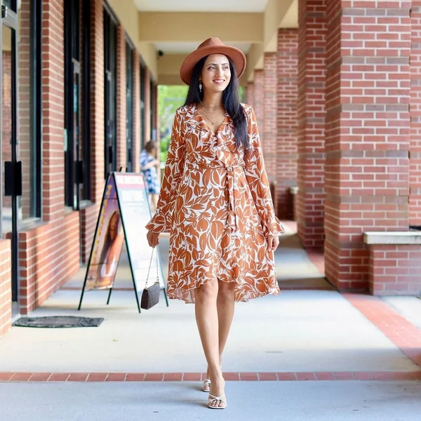 Terracotta Leaf Print Wrap Dress
