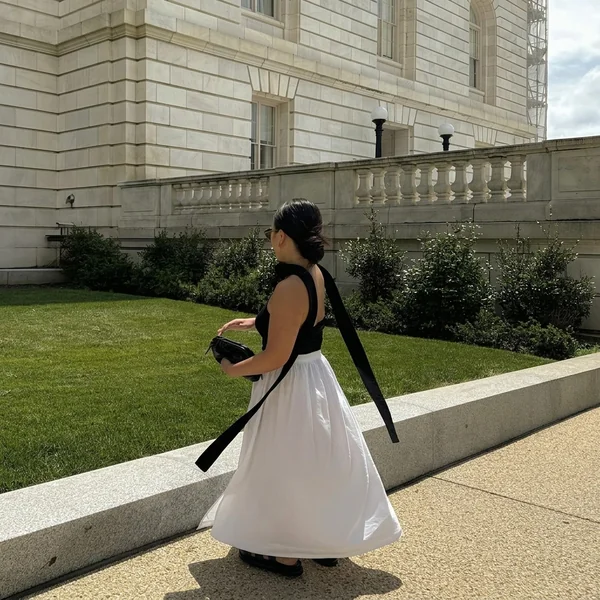 Black Neck-Tie Tank with White Poplin Maxi Skirt
