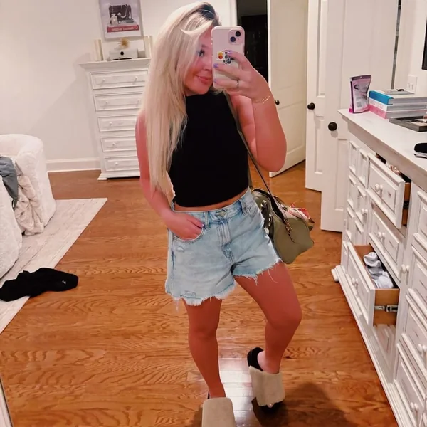 Black High-Neck Tank with Frayed Denim Shorts