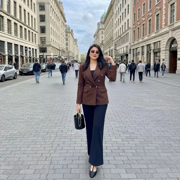 Tailored Brown Blazer with Black Wide-Leg Trousers