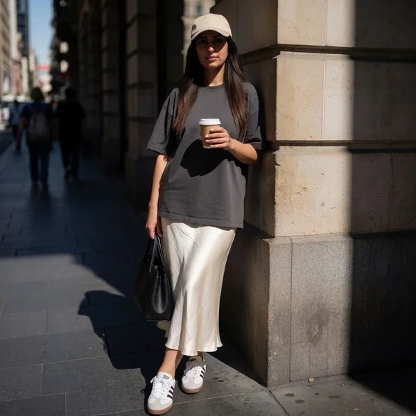 Oversized Tee with Cream Silk Midi Skirt
