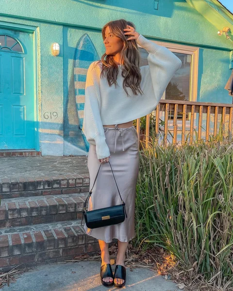 Oversized Knit Sweater & Satin Slip Skirt