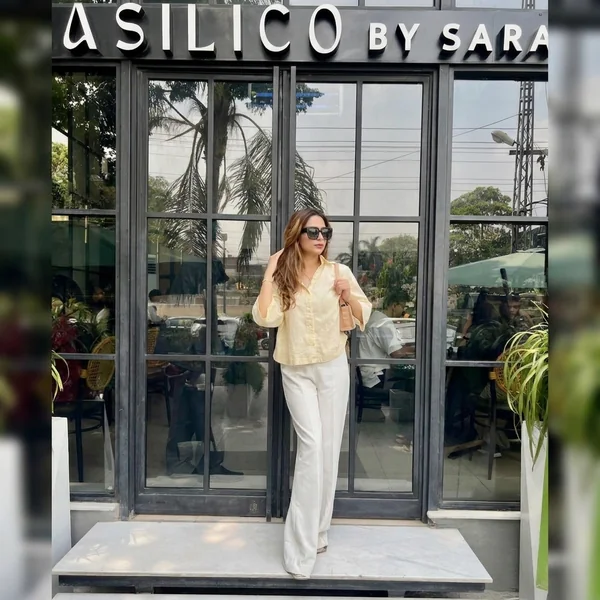 Pastel Yellow Button-Down with White Flare Trousers