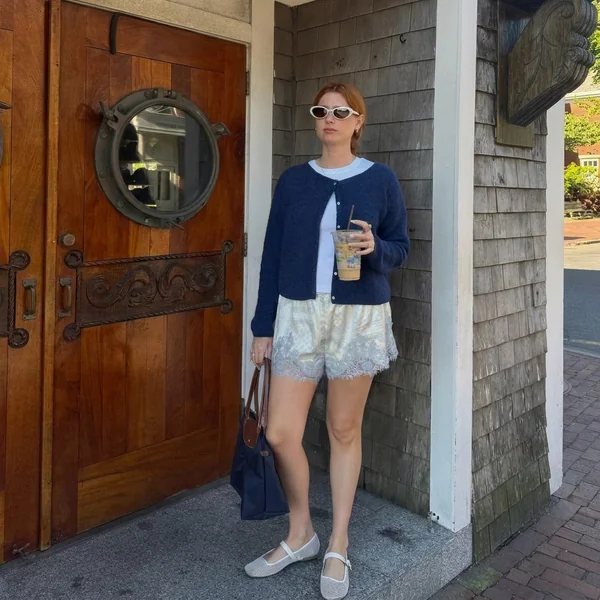 Navy Cardigan and Silk Shorts
