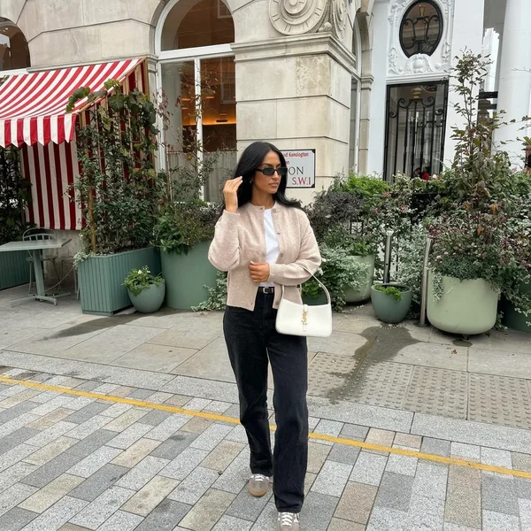 Beige Knit Cardigan and Black Denim