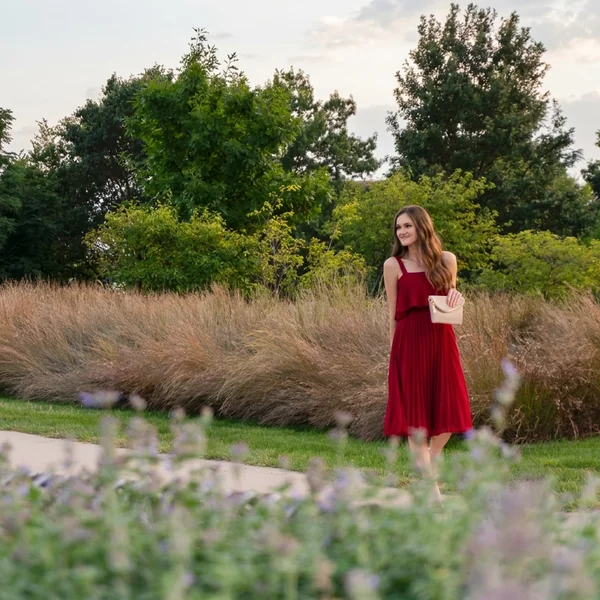 Crimson Pleated Tiered Midi Dress