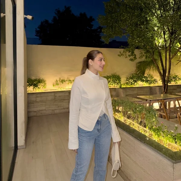 High neck white shirt jacket with straight jeans