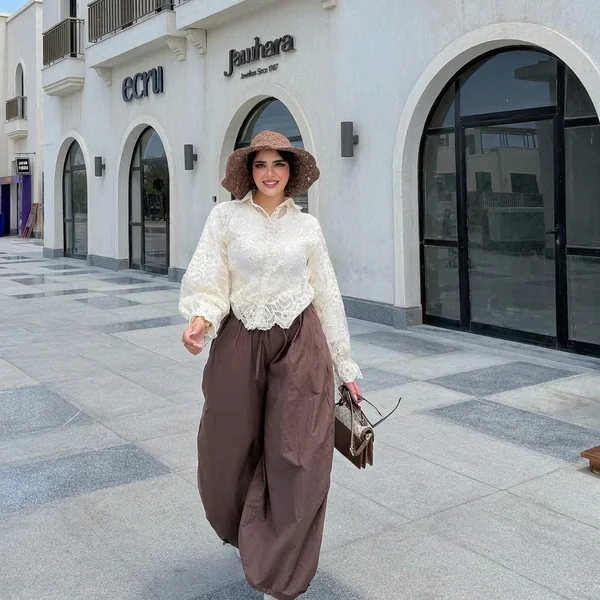 Cream Lace Blouse with Brown Parachute Pants