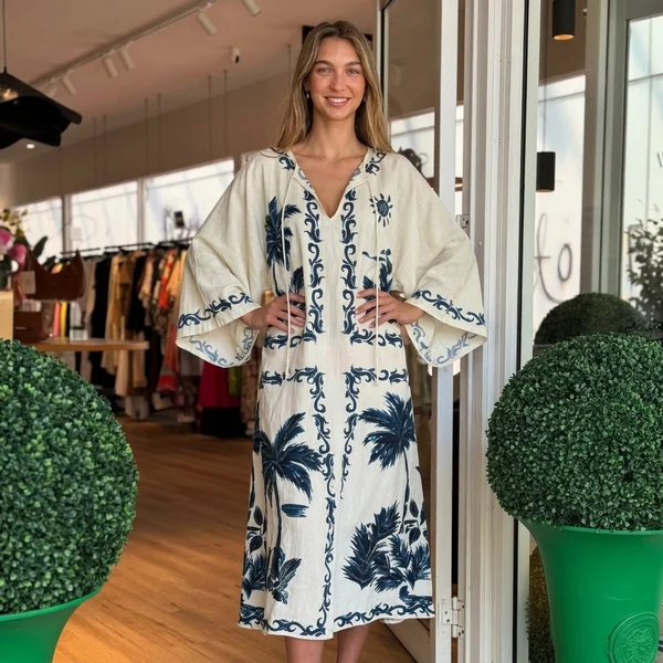 Embroidered Linen Kaftan Dress