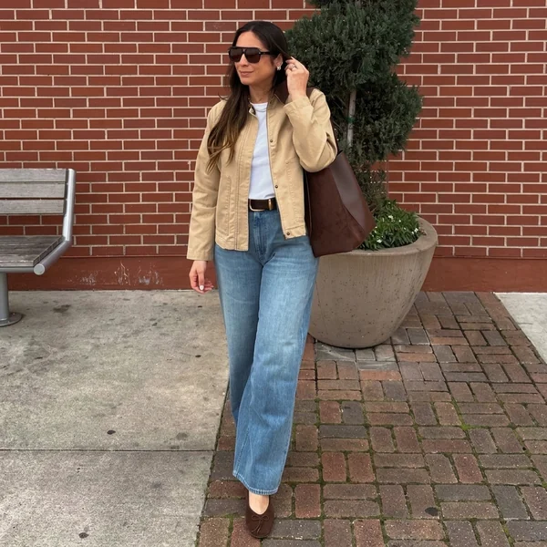 Tan Barn Jacket and Wide-Leg Jeans