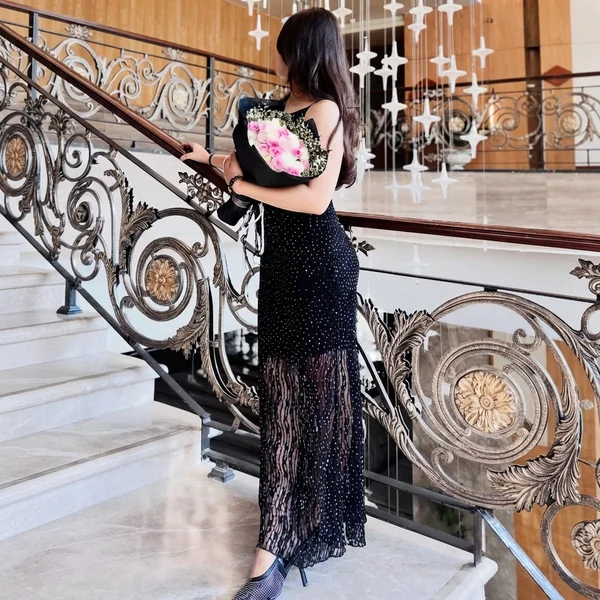 Black Sparkly Sheer-Overlay Maxi Dress