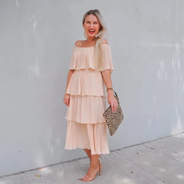 Blush Pink Off-the-Shoulder Pleated Tiered Midi Dress